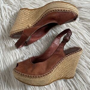 HUSK Brown Leather Slingback Peep Toe Espadrille Jute Braided Wedge Size 38
